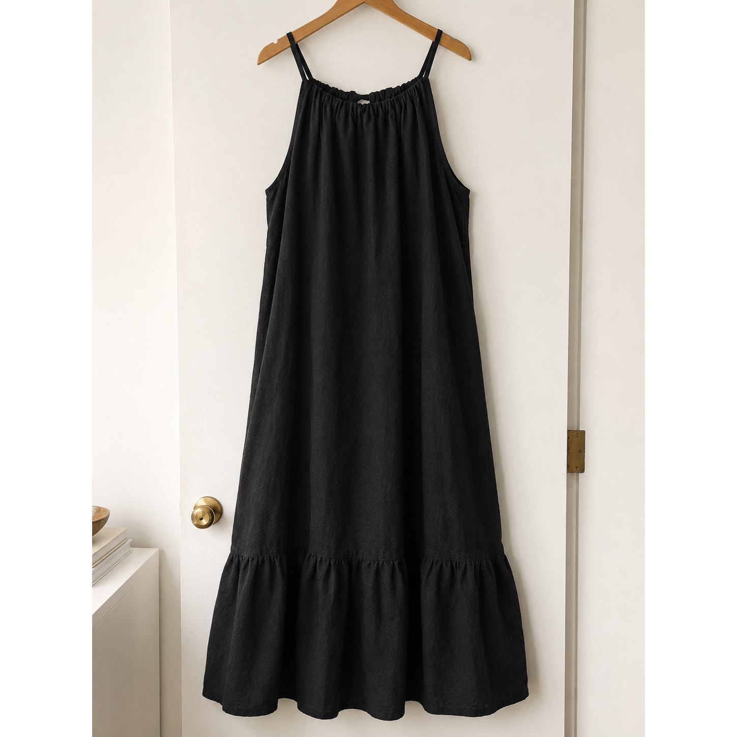 Crown Linen Designs Black Linen Maxi Dress Minimal Tie Back